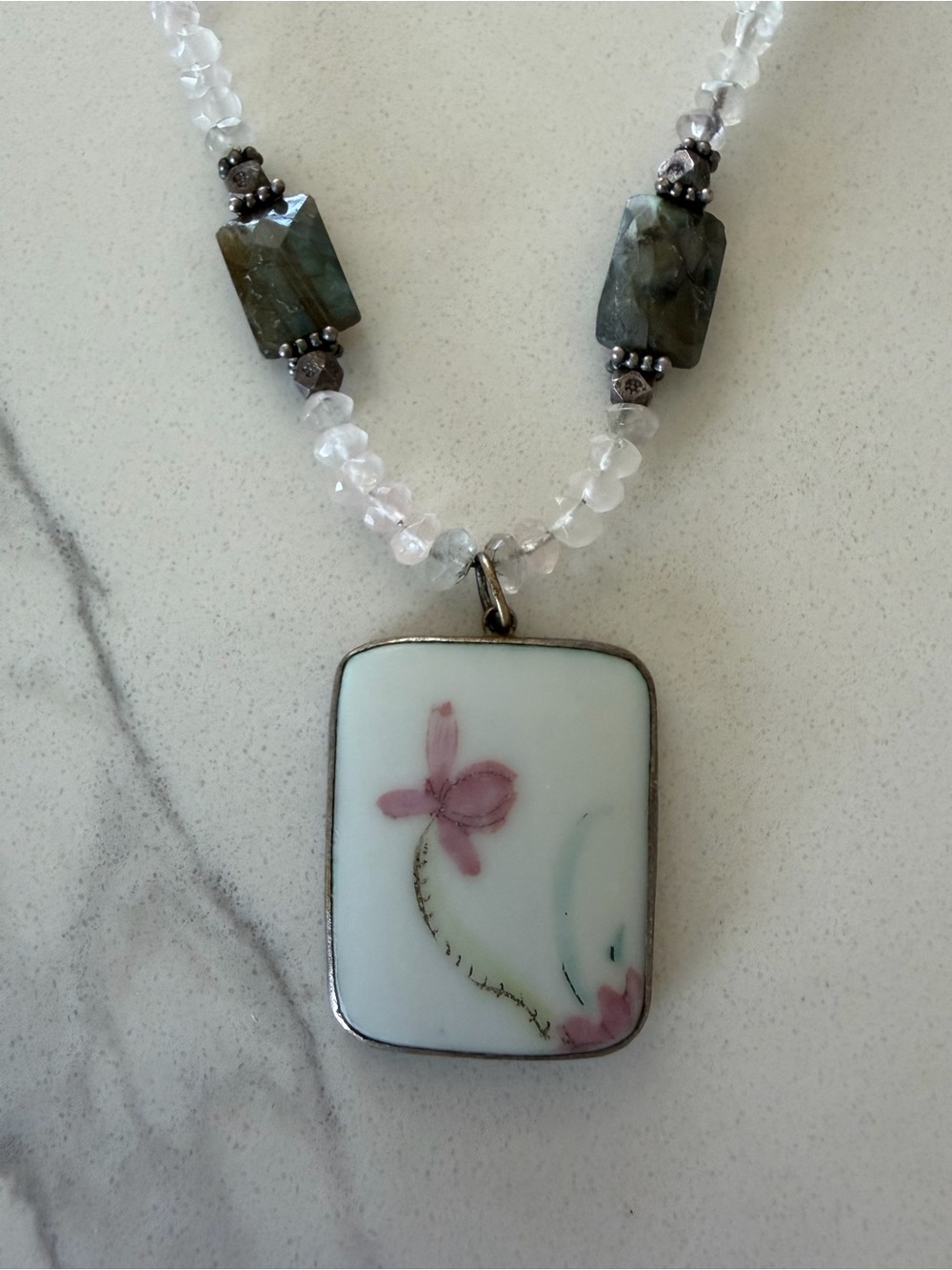 Tourmaline and Rose Quartz necklace with white pendant handmade - Picture 2 of 2